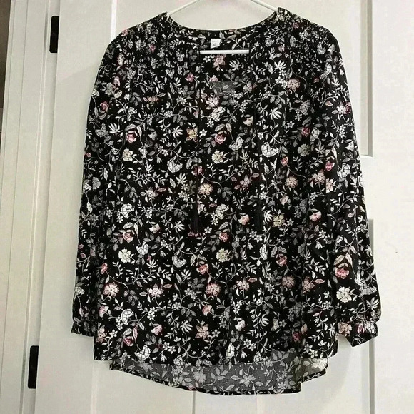 Old Navy Womens 3/4 Sleeves Tassel Tie Ruched Floral Black Blouse Top Size L - Picture 1 of 8